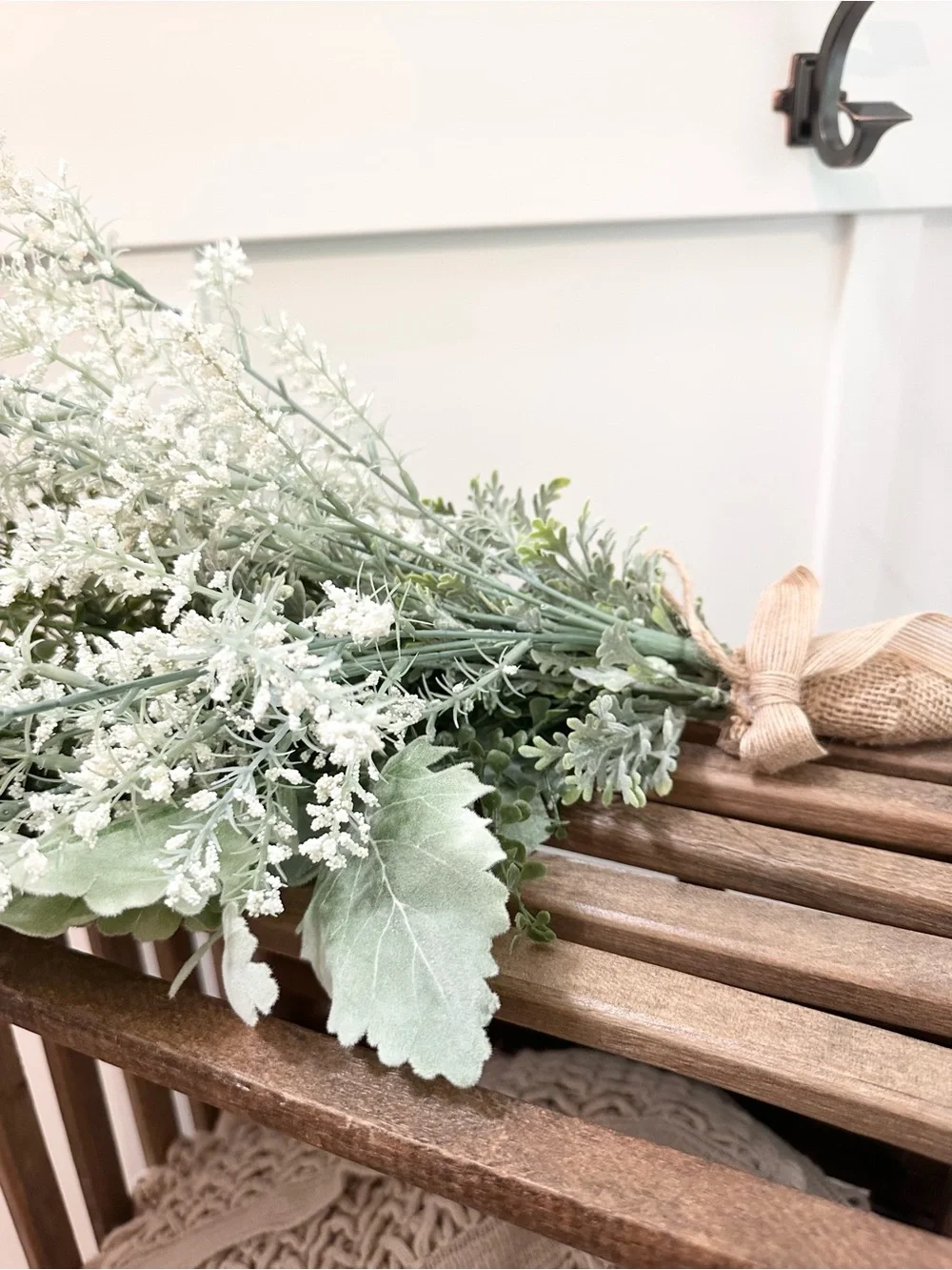 White and Sage Green Faux Floral Bouquet Arrangement Foliage Burlap Tie
